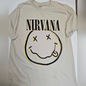 NIRVANA Men's T-Shirt‎ Beige Tee Large Nirvana Graphic Black Yellow Cotton Band